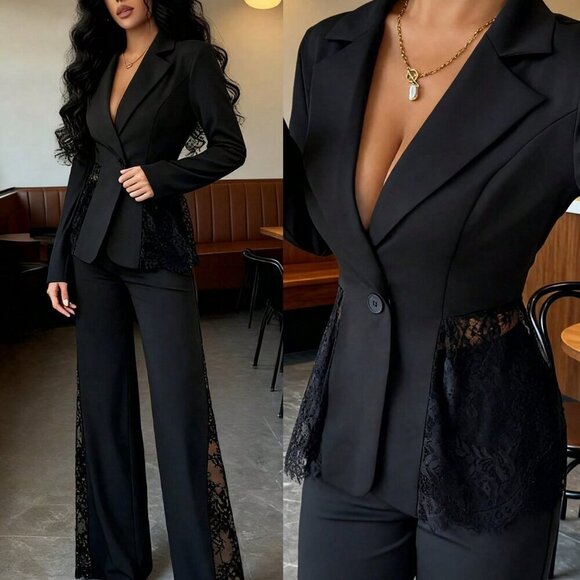 Pants - Black Casual Women's Single-Breasted Lace Patchwork Blazer & Pants Suit Set